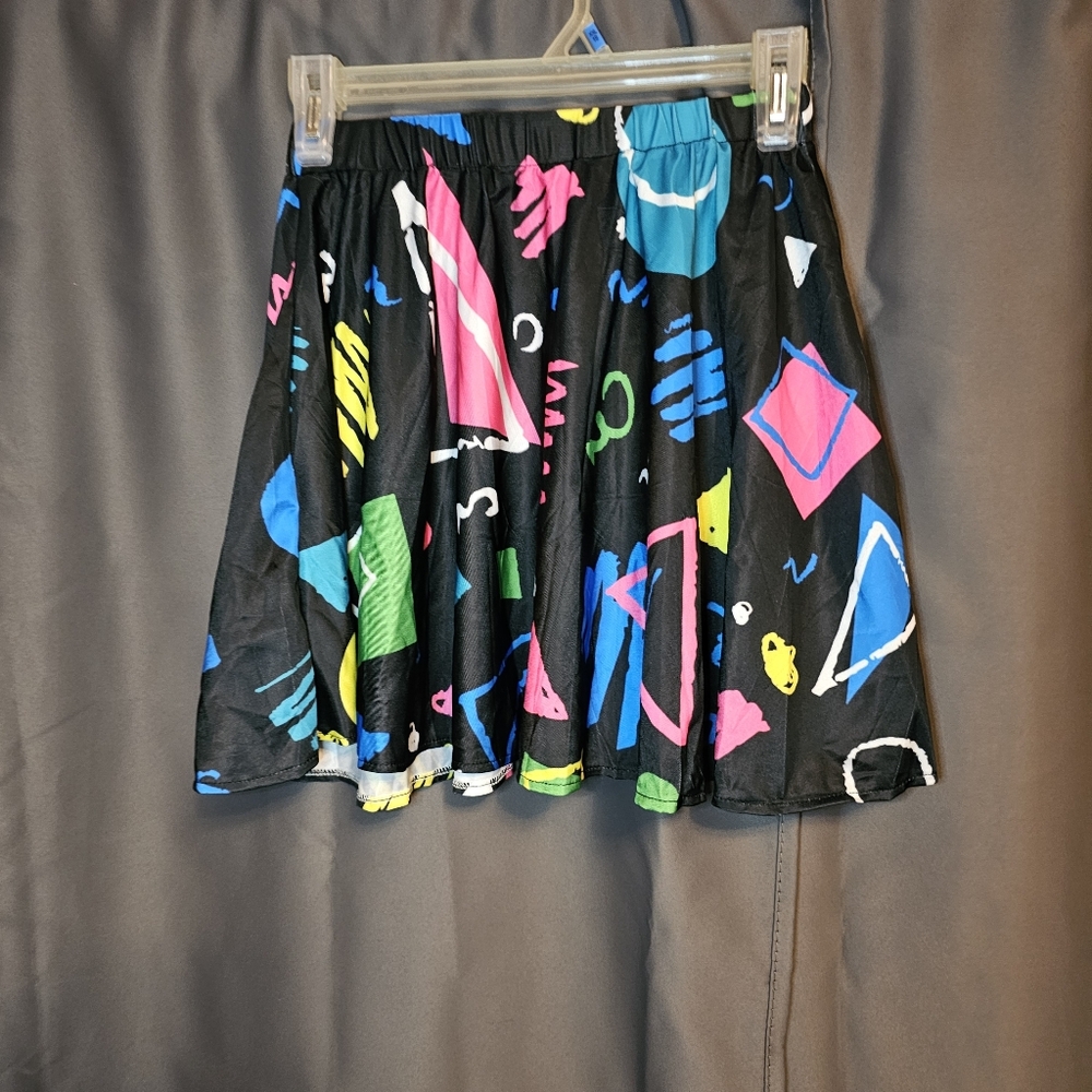 Small 80s Geometric Shape Skater Circle Skirt in Black with Pink Green and Blue